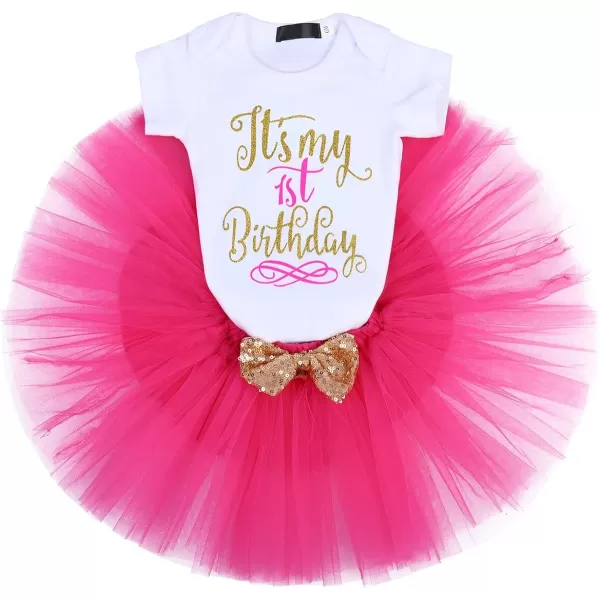 Baby Girls Birthday Outfit RomperRuffle Tulle SkirtSequins Bow Headband Valentines Cake Smash Dress Clothes 3Pcs SetHot Pink 1st Birthday