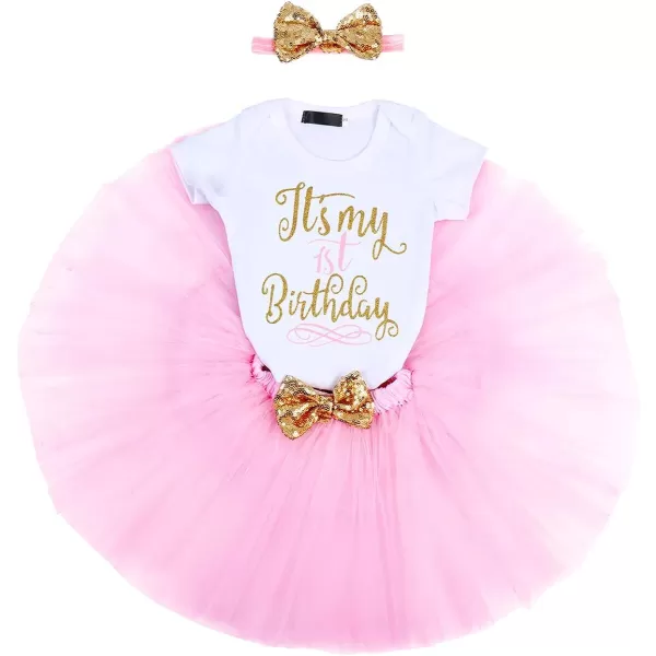 Baby Girls Birthday Outfit RomperRuffle Tulle SkirtSequins Bow Headband Valentines Cake Smash Dress Clothes 3Pcs SetPink 1st Birthday