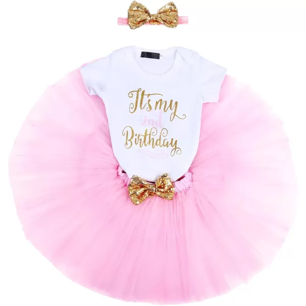 Baby Girls Birthday Outfit RomperRuffle Tulle SkirtSequins Bow Headband Valentines Cake Smash Dress Clothes 3Pcs SetPink 2nd Birthday