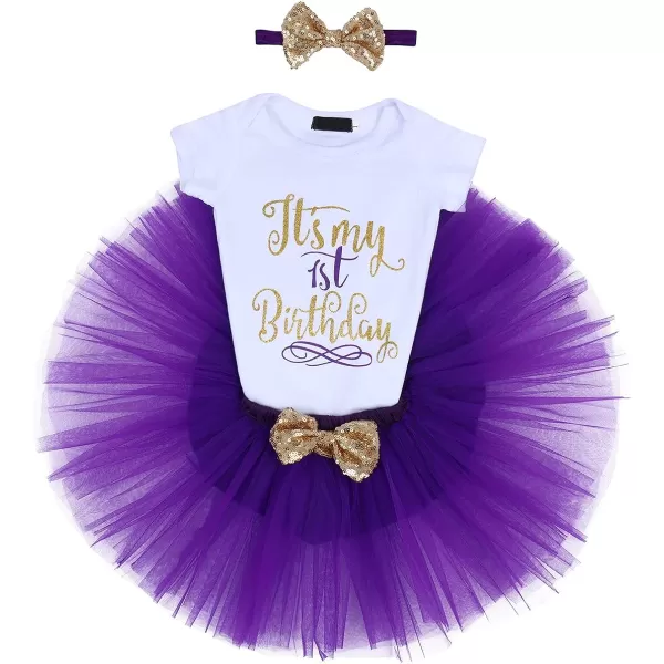 Baby Girls Birthday Outfit RomperRuffle Tulle SkirtSequins Bow Headband Valentines Cake Smash Dress Clothes 3Pcs SetPurple 1st Birthday