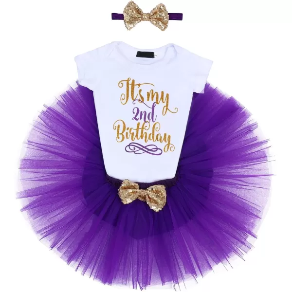 Baby Girls Birthday Outfit RomperRuffle Tulle SkirtSequins Bow Headband Valentines Cake Smash Dress Clothes 3Pcs SetPurple 2nd Birthday