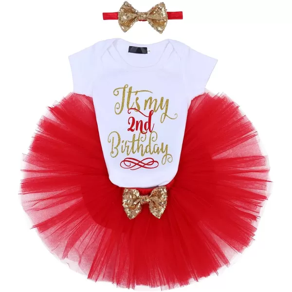 Baby Girls Birthday Outfit RomperRuffle Tulle SkirtSequins Bow Headband Valentines Cake Smash Dress Clothes 3Pcs SetRed 2nd Birthday