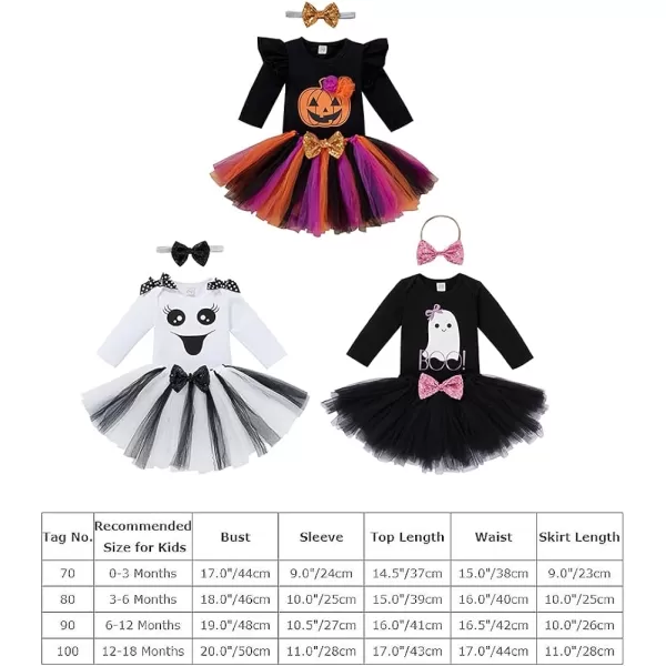 Baby Girls First Halloween Pumpkin Ghost Dress up Costume Long Sleeve Romper Tutu Skrit Sequin Headband Outift Clothes SetBlack Ghost