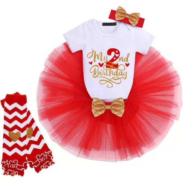 Baby Girls My 1st 2nd Birthday Outfit Romper Ruffle Tutu SkirtHeadband Leg Warmers 4PCS Cake Smash Party Dress Clothes SetRed  2nd Birthday