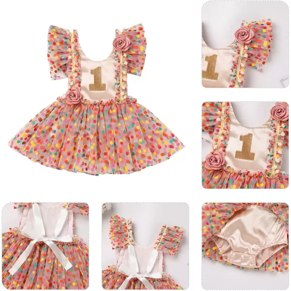 Baby Girls Sequins Romper Tutu Dress Flower Bowknot Dots Print Summer Flutter Sleeves Princess Birthday Party DressesApricot  Polka Dot