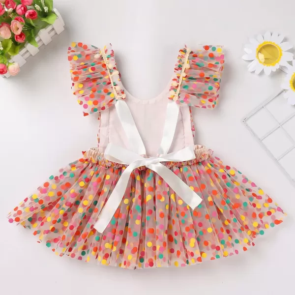 Baby Girls Sequins Romper Tutu Dress Flower Bowknot Dots Print Summer Flutter Sleeves Princess Birthday Party DressesApricot  Polka Dot