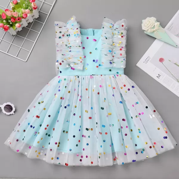 Baby Girls Sequins Romper Tutu Dress Flower Bowknot Dots Print Summer Flutter Sleeves Princess Birthday Party DressesBlue Dots  Kids Dress