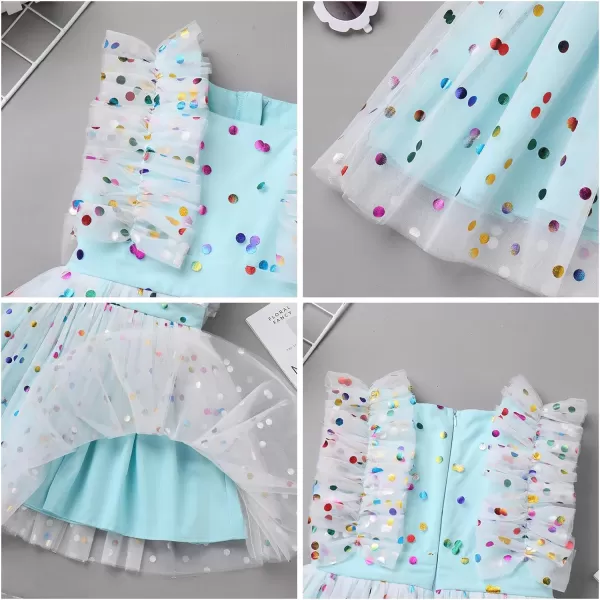 Baby Girls Sequins Romper Tutu Dress Flower Bowknot Dots Print Summer Flutter Sleeves Princess Birthday Party DressesBlue Dots  Kids Dress