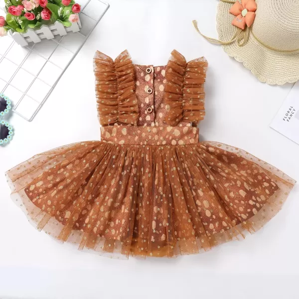 Baby Girls Sequins Romper Tutu Dress Flower Bowknot Dots Print Summer Flutter Sleeves Princess Birthday Party DressesBrown Reindeer