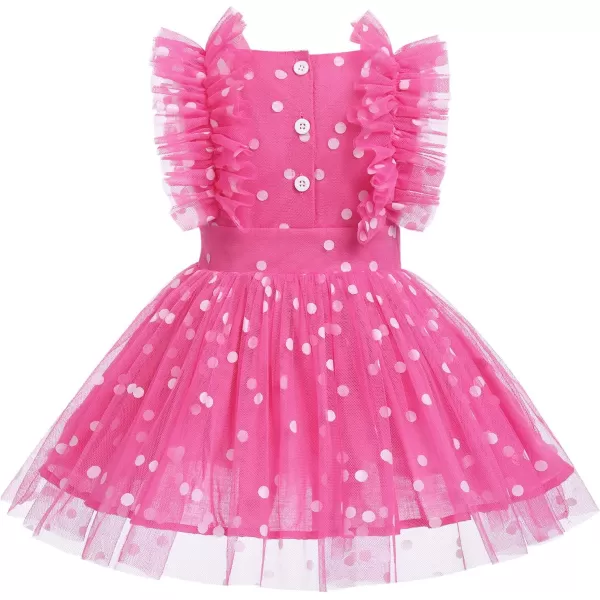 Baby Girls Sequins Romper Tutu Dress Flower Bowknot Dots Print Summer Flutter Sleeves Princess Birthday Party DressesHot Pink