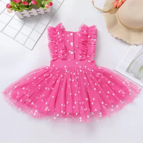 Baby Girls Sequins Romper Tutu Dress Flower Bowknot Dots Print Summer Flutter Sleeves Princess Birthday Party DressesHot Pink