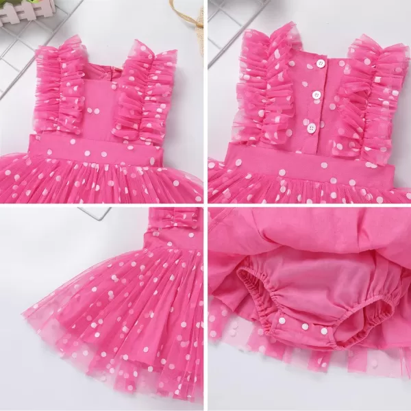 Baby Girls Sequins Romper Tutu Dress Flower Bowknot Dots Print Summer Flutter Sleeves Princess Birthday Party DressesHot Pink