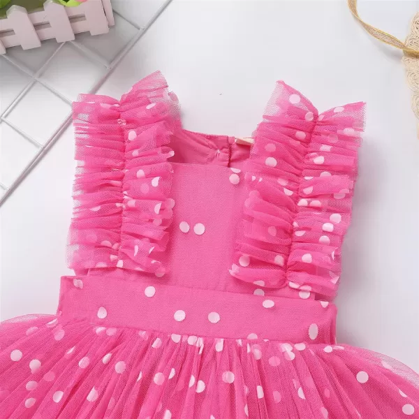 Baby Girls Sequins Romper Tutu Dress Flower Bowknot Dots Print Summer Flutter Sleeves Princess Birthday Party DressesHot Pink