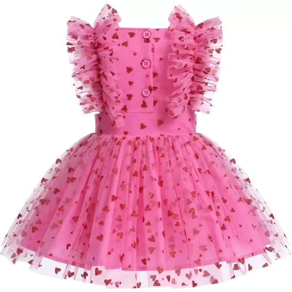 Baby Girls Sequins Romper Tutu Dress Flower Bowknot Dots Print Summer Flutter Sleeves Princess Birthday Party DressesHot Pink Heart