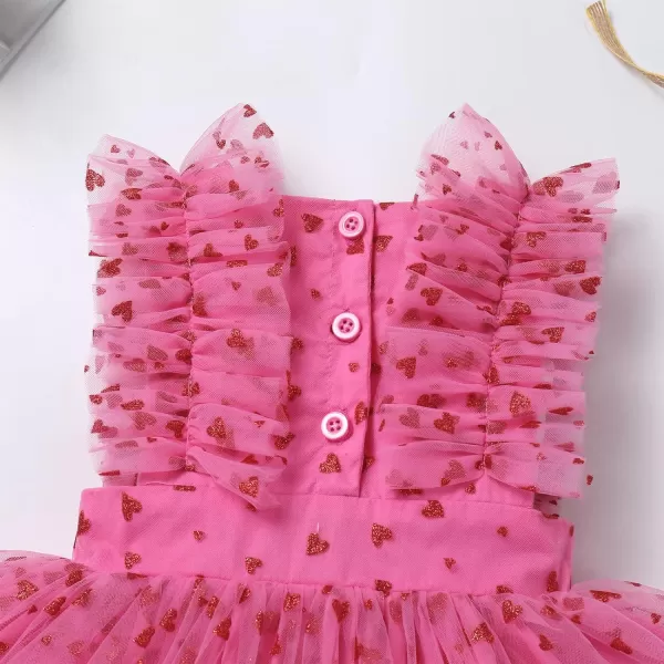 Baby Girls Sequins Romper Tutu Dress Flower Bowknot Dots Print Summer Flutter Sleeves Princess Birthday Party DressesHot Pink Heart