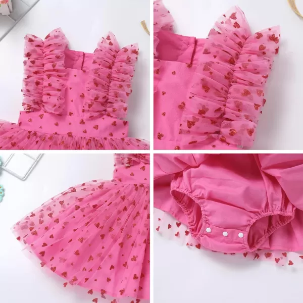 Baby Girls Sequins Romper Tutu Dress Flower Bowknot Dots Print Summer Flutter Sleeves Princess Birthday Party DressesHot Pink Heart