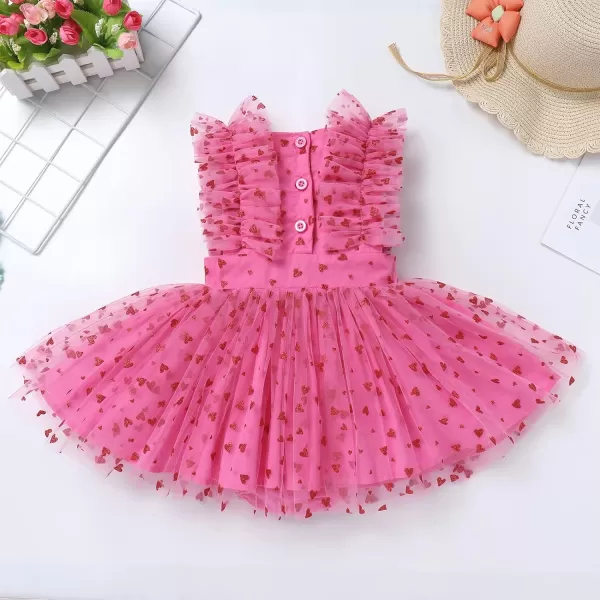 Baby Girls Sequins Romper Tutu Dress Flower Bowknot Dots Print Summer Flutter Sleeves Princess Birthday Party DressesHot Pink Heart