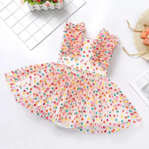 Baby Girls Sequins Romper Tutu Dress Flower Bowknot Dots Print Summer Flutter Sleeves Princess Birthday Party DressesOrange Dots