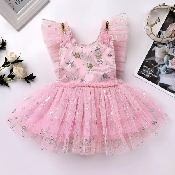 Baby Girls Sequins Romper Tutu Dress Flower Bowknot Dots Print Summer Flutter Sleeves Princess Birthday Party DressesPink  Snowflake