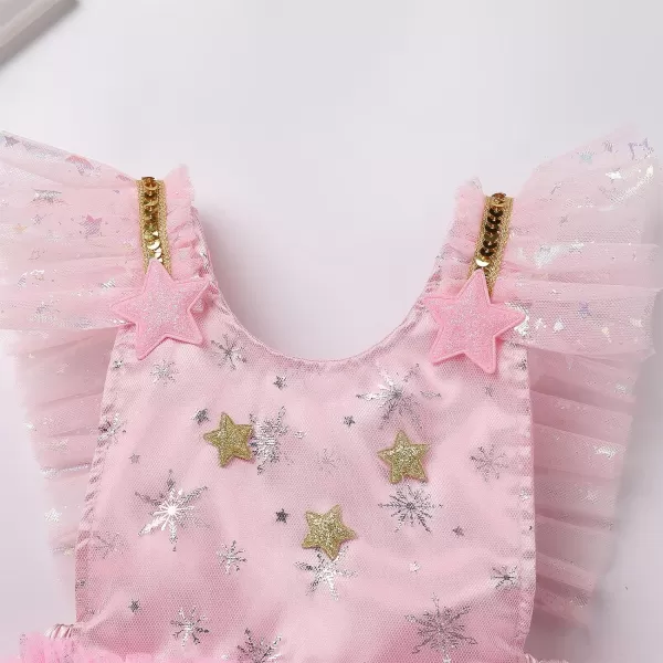 Baby Girls Sequins Romper Tutu Dress Flower Bowknot Dots Print Summer Flutter Sleeves Princess Birthday Party DressesPink  Snowflake