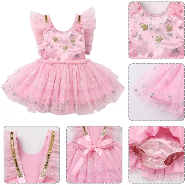 Baby Girls Sequins Romper Tutu Dress Flower Bowknot Dots Print Summer Flutter Sleeves Princess Birthday Party DressesPink  Snowflake