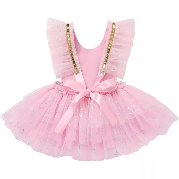 Baby Girls Sequins Romper Tutu Dress Flower Bowknot Dots Print Summer Flutter Sleeves Princess Birthday Party DressesPink  Snowflake