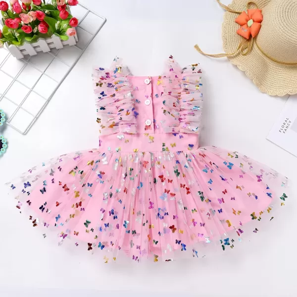 Baby Girls Sequins Romper Tutu Dress Flower Bowknot Dots Print Summer Flutter Sleeves Princess Birthday Party DressesPink Butterfly