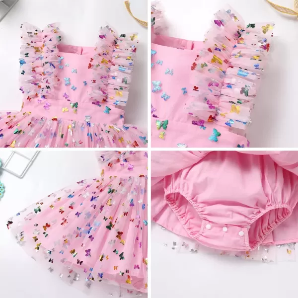 Baby Girls Sequins Romper Tutu Dress Flower Bowknot Dots Print Summer Flutter Sleeves Princess Birthday Party DressesPink Butterfly