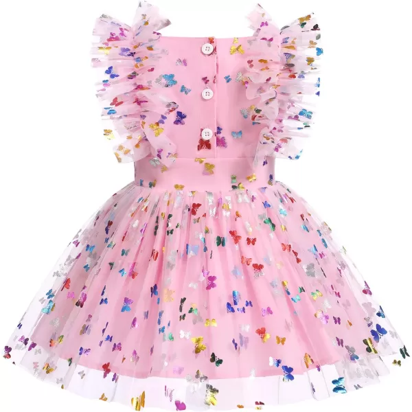 Baby Girls Sequins Romper Tutu Dress Flower Bowknot Dots Print Summer Flutter Sleeves Princess Birthday Party DressesPink Butterfly