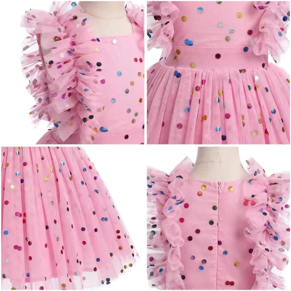 Baby Girls Sequins Romper Tutu Dress Flower Bowknot Dots Print Summer Flutter Sleeves Princess Birthday Party DressesPink Dots  Kids Dress