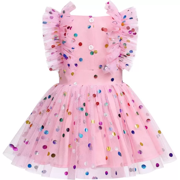 Baby Girls Sequins Romper Tutu Dress Flower Bowknot Dots Print Summer Flutter Sleeves Princess Birthday Party DressesPink Dots