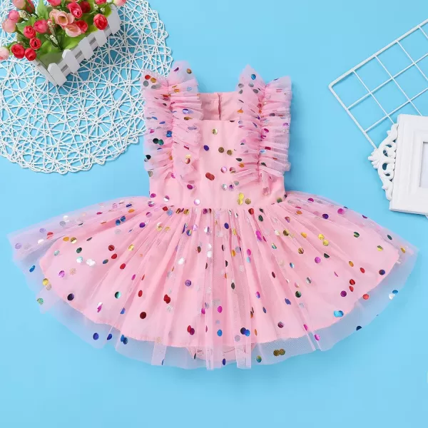 Baby Girls Sequins Romper Tutu Dress Flower Bowknot Dots Print Summer Flutter Sleeves Princess Birthday Party DressesPink Dots