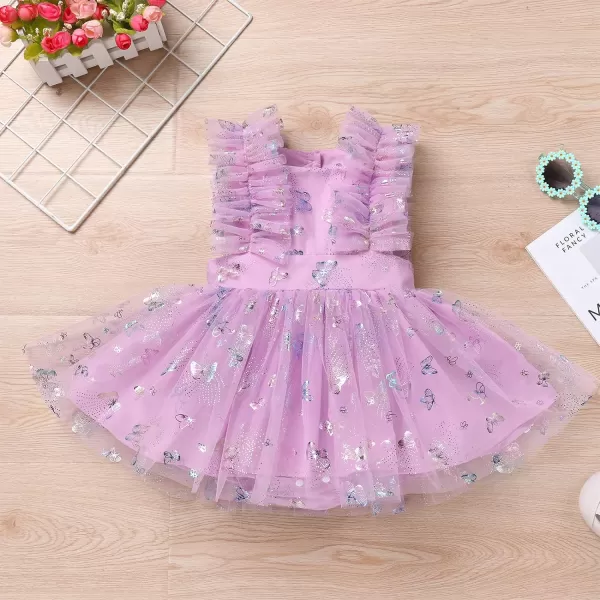 Baby Girls Sequins Romper Tutu Dress Flower Bowknot Dots Print Summer Flutter Sleeves Princess Birthday Party DressesPurple Butterfly