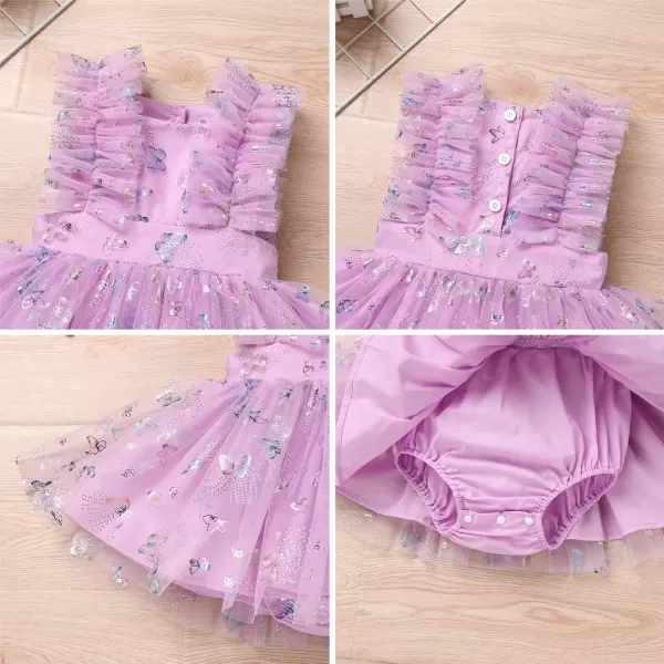 Baby Girls Sequins Romper Tutu Dress Flower Bowknot Dots Print Summer Flutter Sleeves Princess Birthday Party DressesPurple Butterfly