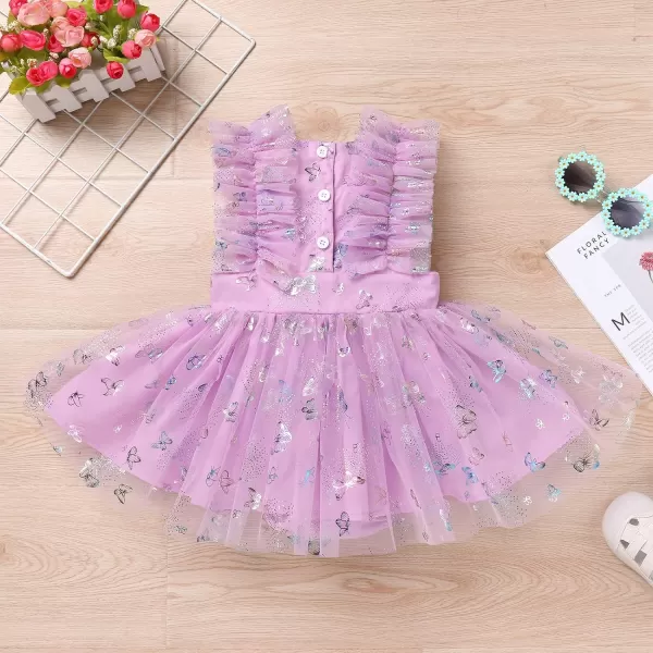 Baby Girls Sequins Romper Tutu Dress Flower Bowknot Dots Print Summer Flutter Sleeves Princess Birthday Party DressesPurple Butterfly