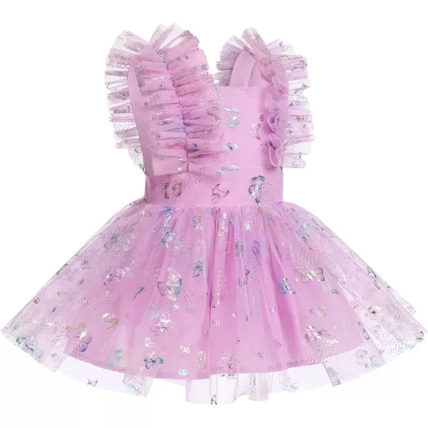 Baby Girls Sequins Romper Tutu Dress Flower Bowknot Dots Print Summer Flutter Sleeves Princess Birthday Party DressesPurple Butterfly