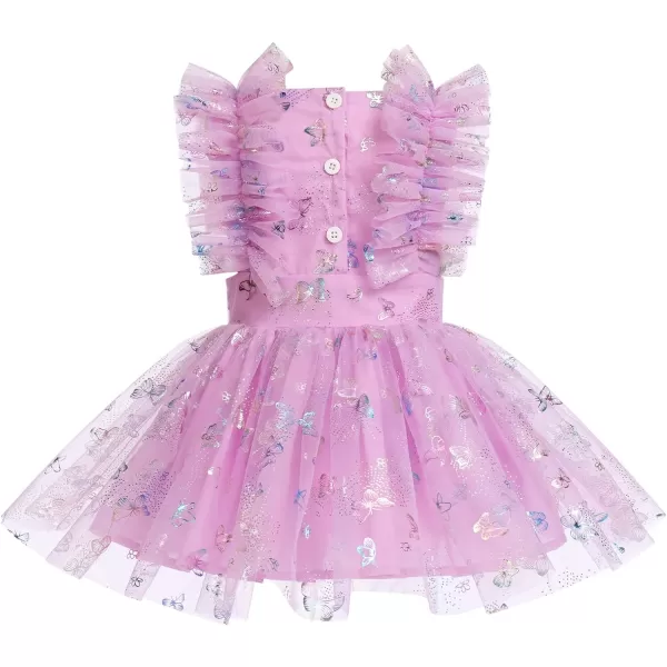 Baby Girls Sequins Romper Tutu Dress Flower Bowknot Dots Print Summer Flutter Sleeves Princess Birthday Party DressesPurple Butterfly