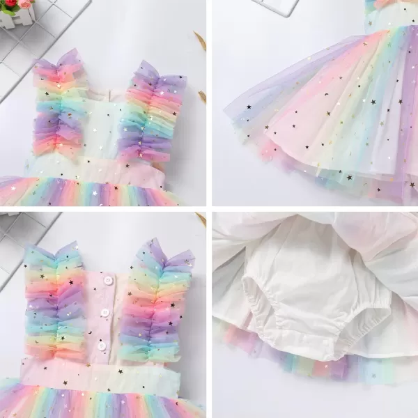 Baby Girls Sequins Romper Tutu Dress Flower Bowknot Dots Print Summer Flutter Sleeves Princess Birthday Party DressesRainbow Star