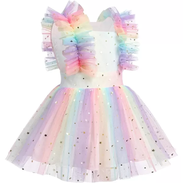 Baby Girls Sequins Romper Tutu Dress Flower Bowknot Dots Print Summer Flutter Sleeves Princess Birthday Party DressesRainbow Star