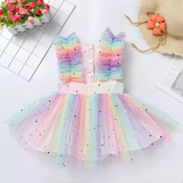 Baby Girls Sequins Romper Tutu Dress Flower Bowknot Dots Print Summer Flutter Sleeves Princess Birthday Party DressesRainbow Star