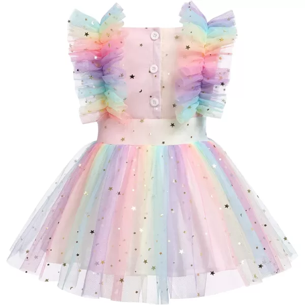 Baby Girls Sequins Romper Tutu Dress Flower Bowknot Dots Print Summer Flutter Sleeves Princess Birthday Party DressesRainbow Star