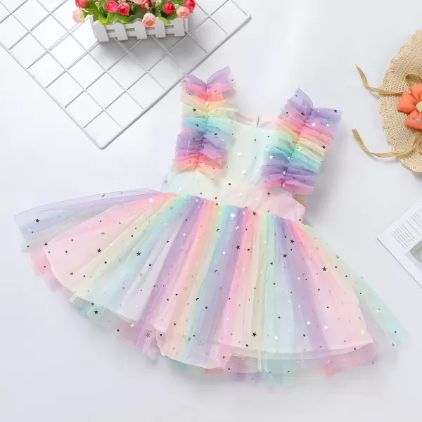 Baby Girls Sequins Romper Tutu Dress Flower Bowknot Dots Print Summer Flutter Sleeves Princess Birthday Party DressesRainbow Star