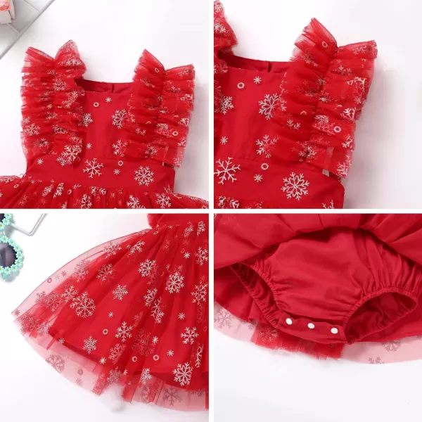 Baby Girls Sequins Romper Tutu Dress Flower Bowknot Dots Print Summer Flutter Sleeves Princess Birthday Party DressesRed Snowflake