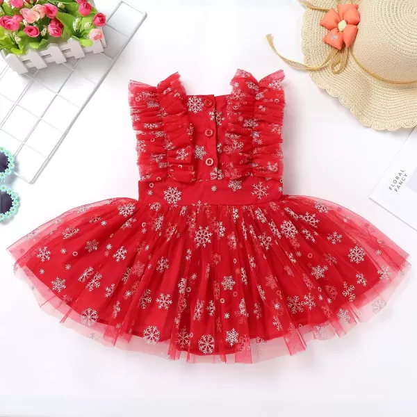 Baby Girls Sequins Romper Tutu Dress Flower Bowknot Dots Print Summer Flutter Sleeves Princess Birthday Party DressesRed Snowflake