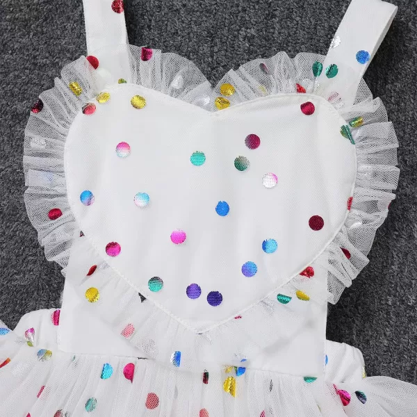 Baby Girls Sequins Romper Tutu Dress Flower Bowknot Dots Print Summer Flutter Sleeves Princess Birthday Party DressesWhite  Heart Dot