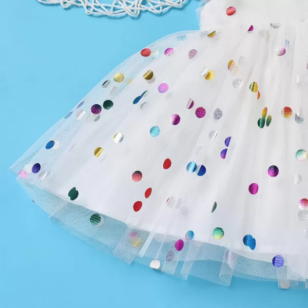 Baby Girls Sequins Romper Tutu Dress Flower Bowknot Dots Print Summer Flutter Sleeves Princess Birthday Party DressesWhite  Rainbow Dots