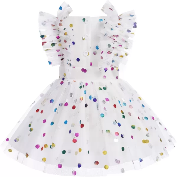 Baby Girls Sequins Romper Tutu Dress Flower Bowknot Dots Print Summer Flutter Sleeves Princess Birthday Party DressesWhite  Rainbow Dots