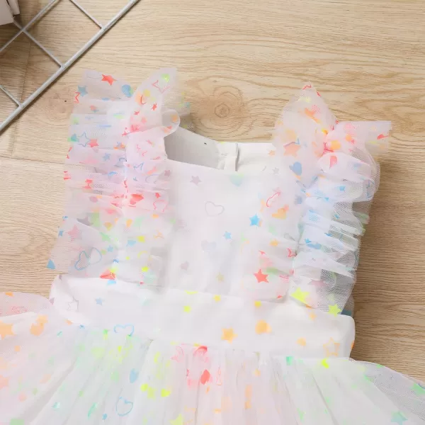 Baby Girls Sequins Romper Tutu Dress Flower Bowknot Dots Print Summer Flutter Sleeves Princess Birthday Party DressesWhite  Starheart