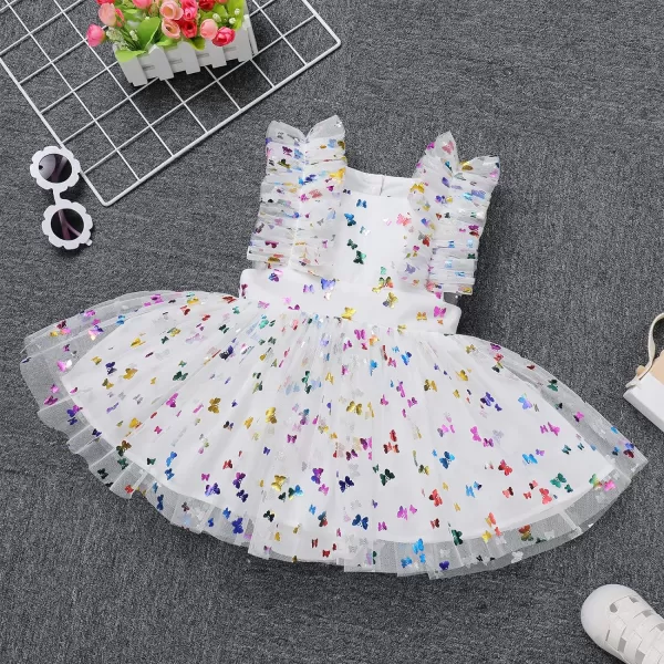 Baby Girls Sequins Romper Tutu Dress Flower Bowknot Dots Print Summer Flutter Sleeves Princess Birthday Party DressesWhite Butterfly