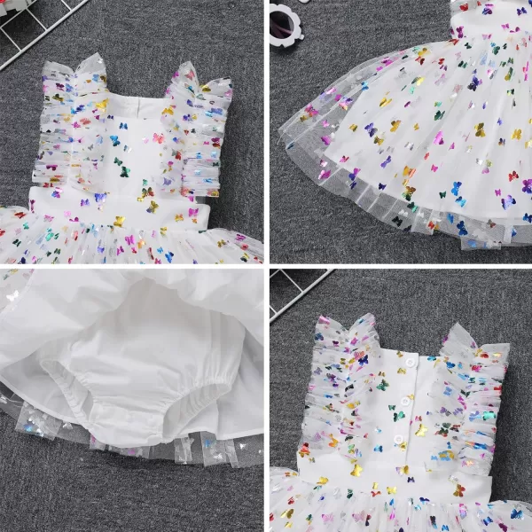 Baby Girls Sequins Romper Tutu Dress Flower Bowknot Dots Print Summer Flutter Sleeves Princess Birthday Party DressesWhite Butterfly